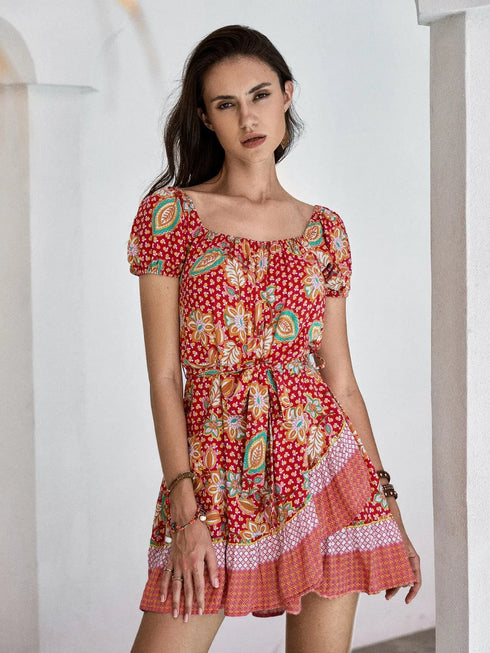 'Hira' Printed Short Sleeve Mini Dress - Celes Fashion